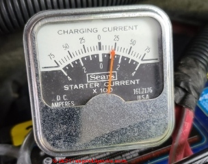 DC Ammeter on Jeep negative battery terminal showing just under 25A DC when the motor is running (C) Daniel Friedman at InspectApedia.com