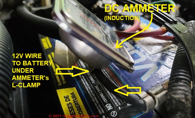 Sear DC Induction Ammeter simply place wire under L-shaped "clamp" on meter back (C) Daniel Friedman at InspectApedia.com