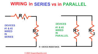 Definition of wiring electrical receptacles & other devices in series vs in parallel - at InspectApedia