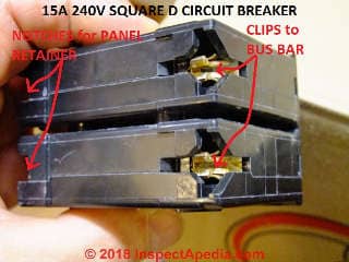 Photo of the connector clips on the bottom of a Square D 240V circuit breaker (C) Daniel Friedman at InspectApedia.com