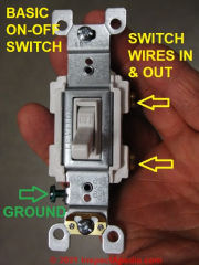 Wiring connections for a simple on-off light switch (C) InspectApedia.com