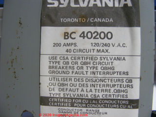 Sylvania BC 40200 electrical panel ID data tag (C) InspectApedia.com Jack