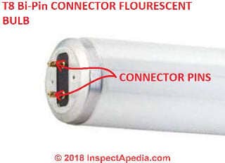 T8 type flourescent lamps use a bi-pin connector like this (C) Daniel Friedman at InspectApedia.com