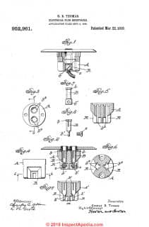 Thomas electrical plug in receptacle patent  952,961 from 1910 - at InspectApedia.com