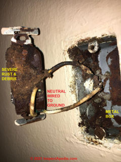Bootleg ground neutral wired to ground at receptacle- unsafe (C) Inspectapedia.com John S
