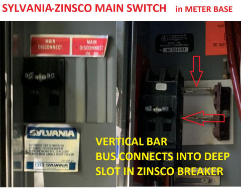 Identify a GTE - Sylvania - Zinsco unsafe main swithc at an electric meter base (C) InspectApedia.com Sean