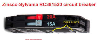 Zinsco tandem circuit breaker RC391520 red and blue toggle circuit breaker (C) InspectApedia.com