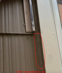 Asbestos cement shingle siding end butt to vertical trim - detail (C) Inspectapedia.com Ben