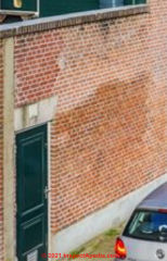 Various stained areas on brick walls of structure in Netherlands (C) InspectApedia.com Eva