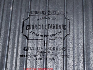 ROSCO Roofing Supply Company, Toronto, Ontario product stamp on steel siding or roofing from 1924 or later (C) InspectApedia.com Komet