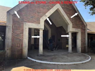 Stains on stone columns & fascias on Church (C) InspectApedia.com Steve Lawrence, Spring TX Pressure Washing Co.