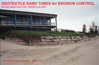 Geotextile sand tubes for coastal protection described by Restall (2001) cited & discussed at InspectApedia.com