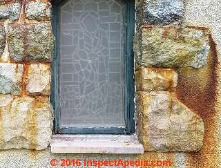 Red iron stains on stone and stucco, Millbrook NY Grace Church (C) Daniel Friedman