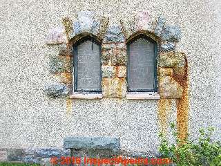 Red rust stains on stucco & stone, Grace Church, Millbrook NY (C) Daniel Friedman