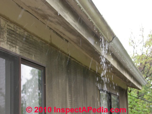 gutter gutters roof leaking between downspout leaks defects installation overflow sagging exterior roofing troubles inspectapedia yankee friedman daniel