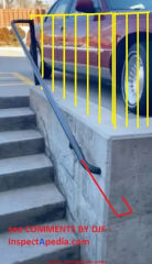 Missing guardrail along retaining wall at a parking lot also missing guard along top of stairwell (C) InspectApedia.com DF & BP