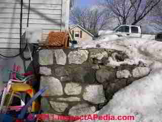 High surcharge retaining wall © D Friedman at InspectApedia.com 