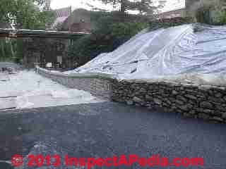 Photo of a traditional stone retaining wall adjacent to a newly-constructed poured concrete stone-pattern-faced retaining wall at Vassar College, Poughkeepsie NY (C) Daniel Friedman