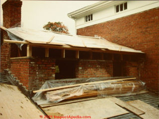 Raising the roof and rebuilding structural brick walls on the Seneca Howland House, Pleasant Valley NY in 1982 (C) Daniel Friedman at InspectApedia.com