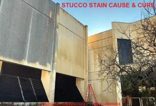 Extensive black stains on stucco, ATT Building, Houston TX  (C) InspectApedia.com Steve Lawrence, Spring TX Pressure Washing Co.