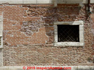 Spalling brick in the Dosoduro neighborhood of Venice (C) Daniel Friedman at InspectApedia.com