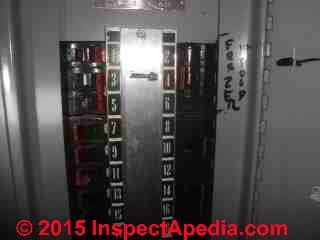 3 Phase FPE Stab-Lok circuit breaker panel labeled as EMI brand (C) InspectAPedia.com John Mika
