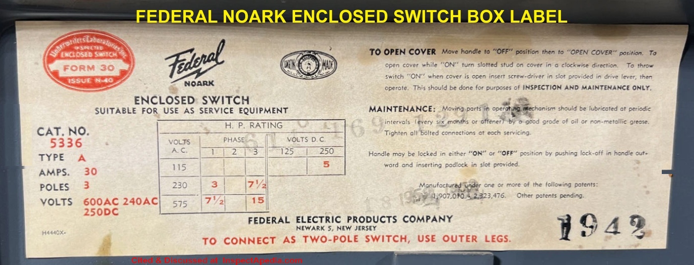 Federal NOARK switch box - this is not a Stab-Lok product - for sale at ebay cited & discussed at InspectApedia.com