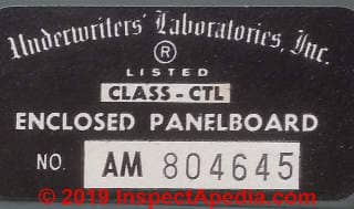 UL label on FPE panel that caught fire (C) InspectApedia.com Ron 