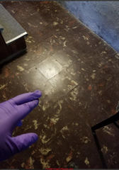 Asphalt asbestos dark brown floor tiles (C) InspectApedia.com CB 1941 home