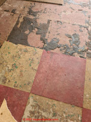 1950s red & Beige asphalt asbestos floor tile (C) InspectApedia.com Carla Gore