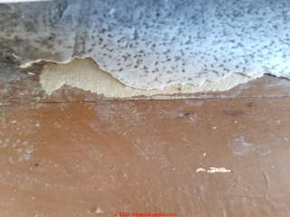Possible asbestos in vinyl sheet floorin gbacker in Montreal (C) InspectApedia.com Kate