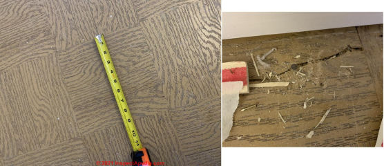 Vinyl parquet flooring may contain asbestos, dependign on age and country of manufacture (C) InspectApedia.com