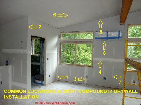 Where to sample drywall mud for asbestos (C) Daniel Friedman at InspectApedia.com