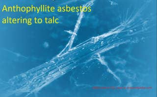 Anthophyllite asbestos altering to talc, photo courtesy USGS, cited and used in the NIOSH article cited below at InspectApedia.com (2011)