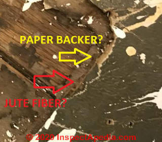 Asbestos suspect sheet flooring backer in antique linoleum (C) InspectApedia.com Anita