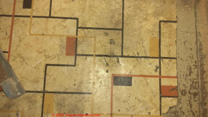 Asbestos common in black asphalt-impregnated felt paper backer on antique linoleum (C) InspectApedia.com Amy