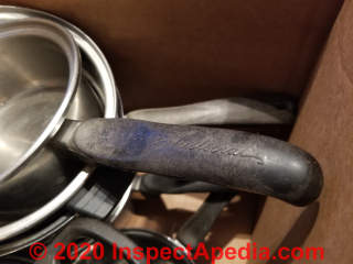 Aristocrat saucepan bakelite handle may contain asbestos (C) InspectApedia.com Tiiu