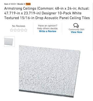Armstrong drop-in acoustic ceiling tiles Model Armstrong 734A -  at Inspectapedia.com and sold at Lowes building suply stores in 2019