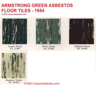 Green asphalt asbestos floor tiles Armstrong 1954 (C) InspectApedia.com