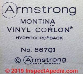 Armstrong Montina VInyl Corlon Hydrocord backer on floor pattrern No. 867Q1 - marble chip resilient sheet flooring (C) InspectApedia.com