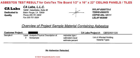 Asbestos test result for Celotec 16x32 ceilign tiles - no asbestos (C) InspectApedia.com Manns
