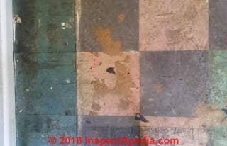 Old asbestos floor tiles in poor condition (C) InspectApedia.com Esan