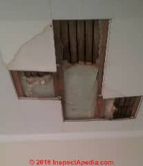 Asbestos suspect ceiling, multiple layers (C) InspectApedia.com reader
