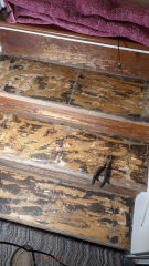 Asbestos floor tile removal and sealing on steps prior to painting with epoxy (C) InspectApedia.com Jones D