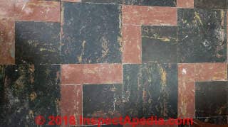 Black and maroon asphalt asbestos floor tile (C) Inspectapedia.com Pablo