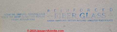Bestwall fire rated drywall stamp indicating fiberglass component (C) Inspectapedia.co