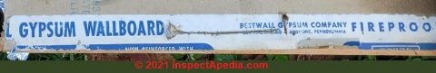 Gypsum wallboard from bestwall, identification by end tape (C) InspectApedia.com