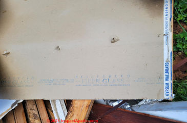 Bestwall drywall stamped as fiberglass reinforced, made ca 1961 (C) InspectApedia.com Erin