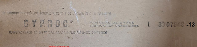 Gyproc drywall stamp from Canadian Domtar Gyproc including a production date code stamp (C) InspectApedia.com Seeker