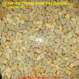 Chip pattern asbestos-backed sheet flooring in a 1962 St Paul MN home (C) InspectApedia.com Miranda E